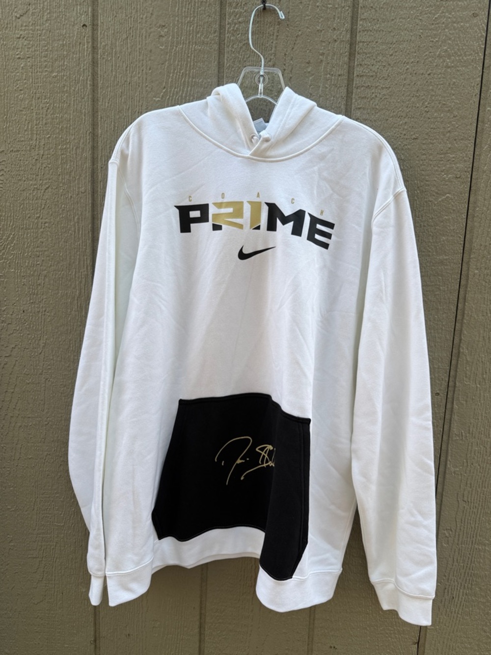 Nike White Hoodie with Black Pocket and Gold Accents XL
